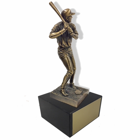 11-1/2 INCH HEIGHT ELECTROPLATED ANTIQUE BRASS BASEBALL PLAYER TROPHY ON BLACK MARBLE BASE