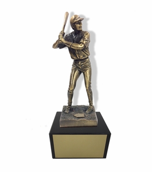 11-1/2 INCH HEIGHT ELECTROPLATED ANTIQUE BRASS BASEBALL PLAYER TROPHY ON BLACK MARBLE BASE