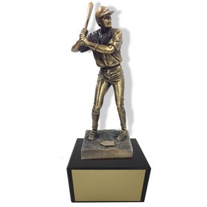 11-1/2 INCH HEIGHT ELECTROPLATED ANTIQUE BRASS BASEBALL PLAYER TROPHY ON BLACK MARBLE BASE
