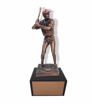11-1/2 INCH HEIGHT ELECTROPLATED ANTIQUE BRONZE BASEBALL PLAYER TROPHY ON BLACK MARBLE BASE