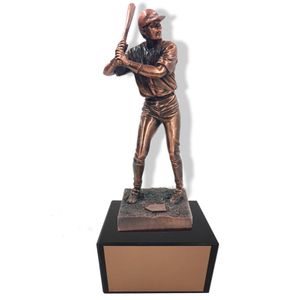 11-1/2 INCH HEIGHT ELECTROPLATED ANTIQUE BRONZE BASEBALL PLAYER TROPHY ON BLACK MARBLE BASE