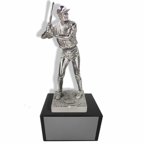 11-1/2 INCH HEIGHT ELECTROPLATED ANTIQUE SILVER BASEBALL PLAYER TROPHY ON BLACK MARBLE BASE