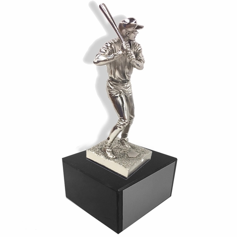 11-1/2 INCH HEIGHT ELECTROPLATED ANTIQUE SILVER BASEBALL PLAYER TROPHY ON BLACK MARBLE BASE