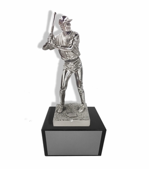 11-1/2 INCH HEIGHT ELECTROPLATED ANTIQUE SILVER BASEBALL PLAYER TROPHY ON BLACK MARBLE BASE
