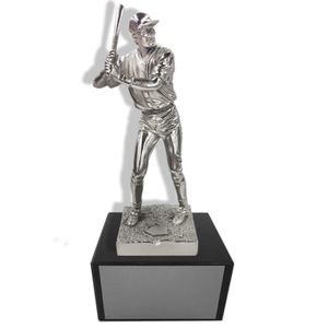 11-1/2 INCH HEIGHT ELECTROPLATED ANTIQUE SILVER BASEBALL PLAYER TROPHY ON BLACK MARBLE BASE