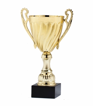 11-1/2 INCH HEIGHT SWIRL GOLD METAL TROPHY CUP ON A BLACK MARBLE BASE
