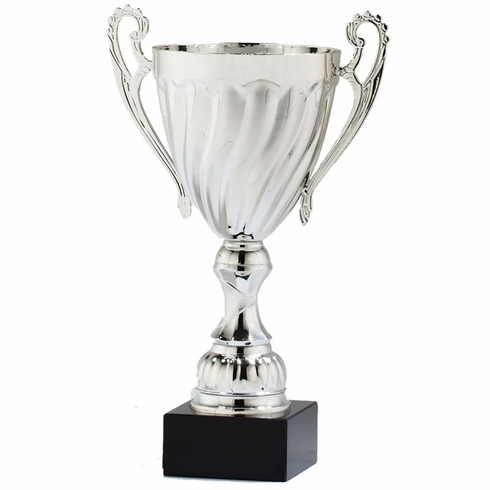 11-1/2 INCH HEIGHT SWIRL SILVER METAL TROPHY CUP ON A BLACK MARBLE BASE