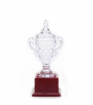 11-1/2 INCH LEAD CRYSTAL TROPHY CUP MOUNTED ON ROSEWOOD BASE