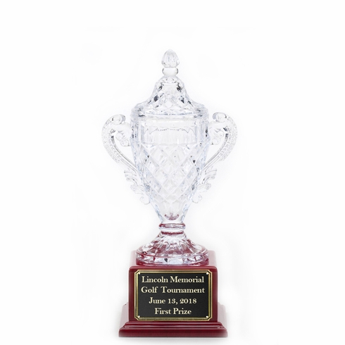 11-1/2 INCH LEAD CRYSTAL TROPHY CUP MOUNTED ON ROSEWOOD BASE