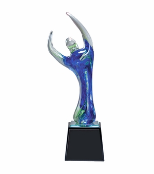 11-1/2 INCH MULTI-COLOR ART GLASS SCULPTURE MODERN FIGURE BLOWN GLASS TROPHY