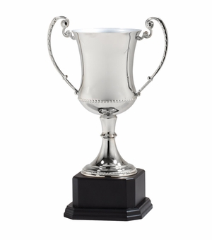 11-1/2 INCH NICKEL PLATED SILVER TROPHY CUP DIE CAST ZINC POLISH  BLACK WOOD BASE