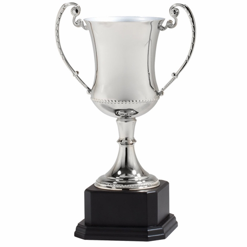 11-1/2 INCH NICKEL PLATED SILVER TROPHY CUP DIE CAST ZINC POLISH  BLACK WOOD BASE