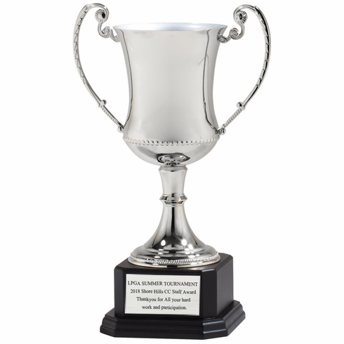 11-1/2 INCH NICKEL PLATED SILVER TROPHY CUP DIE CAST ZINC POLISH  BLACK WOOD BASE