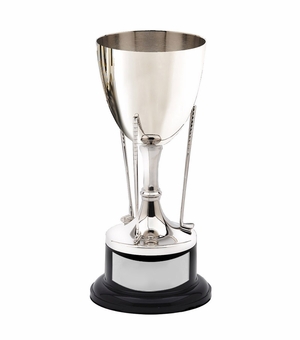 11-1/2 INCH NICKEL POLISHED GOLF CUP TROPHY 3 CLUBS ON BLACK BASE