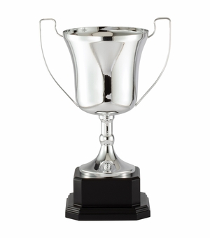11-1/2 INCH POLISHED SILVER ITALIAN TROPHY CUP ON EBONY FINISH WOOD BASE