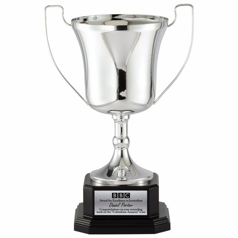 11-1/2 INCH POLISHED SILVER ITALIAN TROPHY CUP ON EBONY FINISH WOOD BASE