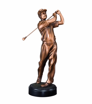11-1/2" MALE GOLFER FOLLOW THROUGH SWING TROPHY ELECTROPLATED BRONZE ON BLACK BASE