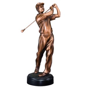 11-1/2" MALE GOLFER FOLLOW THROUGH SWING TROPHY ELECTROPLATED BRONZE ON BLACK BASE