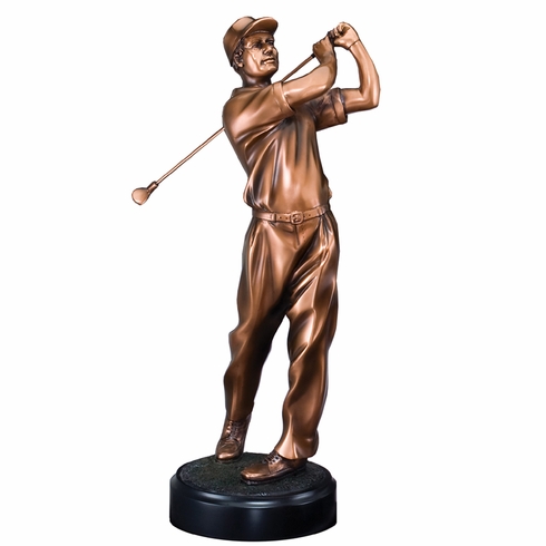 11-1/2" MALE GOLFER FOLLOW THROUGH SWING TROPHY ELECTROPLATED BRONZE ON BLACK BASE