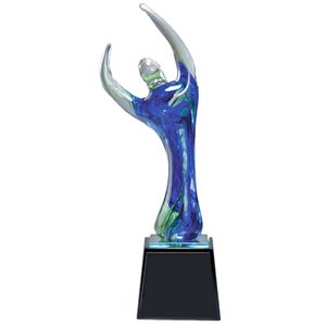 11-1/2 INCH MULTI-COLOR ART GLASS SCULPTURE MODERN FIGURE BLOWN GLASS TROPHY