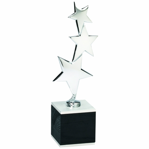 11-1/4 INCH BRIGHT SILVER DIE CAST METAL THREE STARS TROPHY
