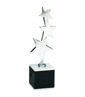 11-1/4 INCH BRIGHT SILVER DIE CAST METAL THREE STARS TROPHY