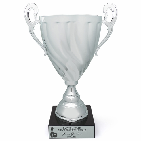 11-1/4 INCH ITALIAN SILVER TROPHY CUP SWIRL PATTERN ON BLACK MARBLE BASE