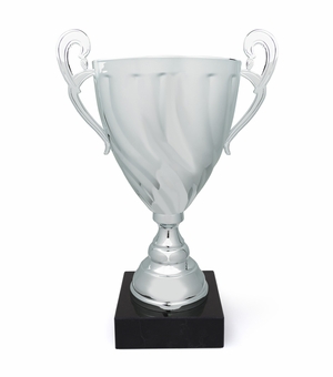 11-1/4 INCH ITALIAN SILVER TROPHY CUP SWIRL PATTERN ON BLACK MARBLE BASE