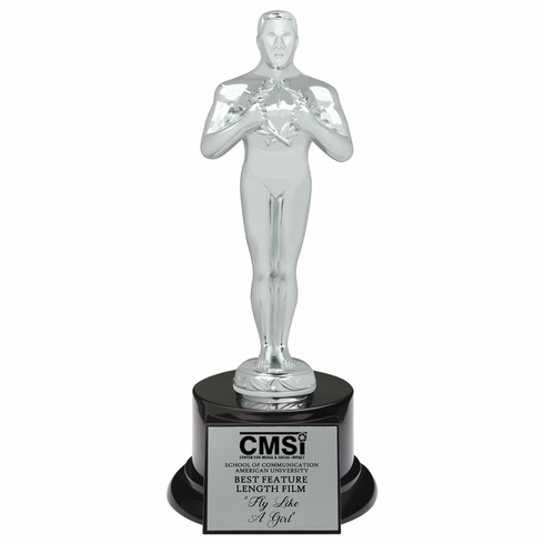 11-1/4 INCH OSCAR LIKE ACHIEVEMENT BRIGHT SILVER METAL FIGURE TROPHY 