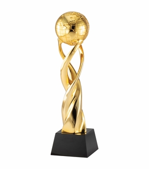 11-1/4 x 3 INCH METALLIC GOLD RESIN SPIRAL WORLD TROPHY ON BLACK CRYSTAL BASE