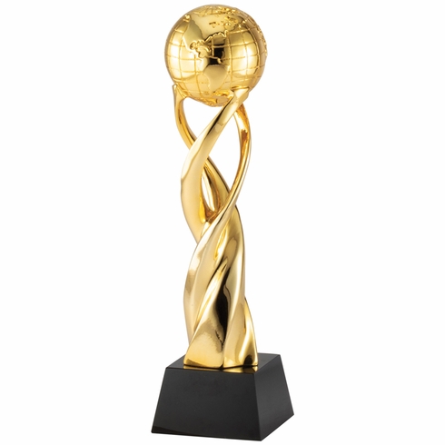 11-1/4 x 3 INCH METALLIC GOLD RESIN SPIRAL WORLD TROPHY ON BLACK CRYSTAL BASE