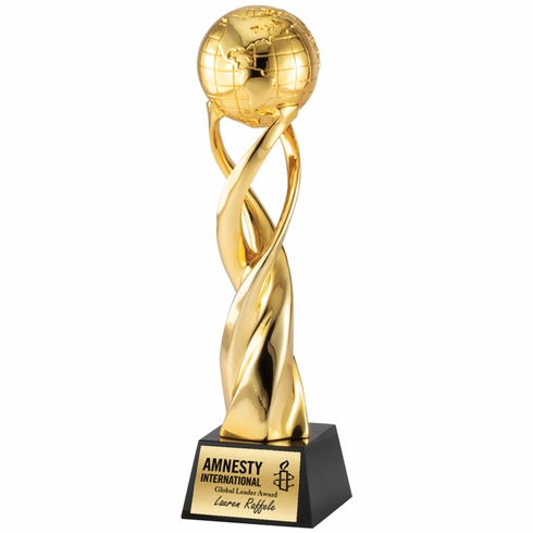 11-1/4 x 3 INCH METALLIC GOLD RESIN SPIRAL WORLD TROPHY ON BLACK CRYSTAL BASE