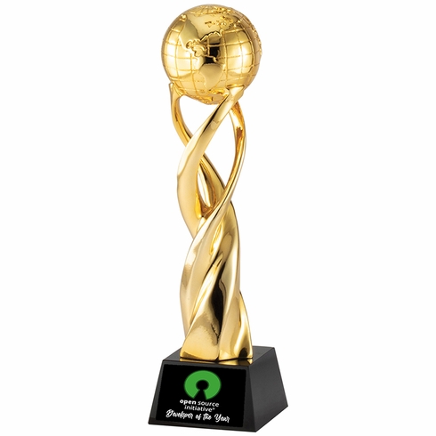 11-1/4 x 3 INCH METALLIC GOLD RESIN SPIRAL WORLD TROPHY ON BLACK CRYSTAL BASE