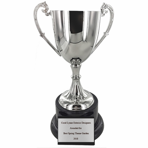 11-3/4 INCH NICKEL PLATED POLISHED SILVER TROPHY CUP ON BLACK BASE