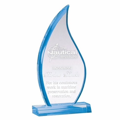 11-3/4" x 10-1/2" x 3/4" SAPPHIRE COLORED ACRYLIC FLAME SHAPE AWARD