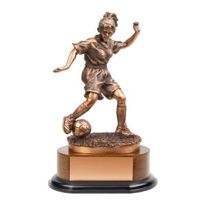 11 INCH ELECTROPLATED ANTIQUE BRONZE SOCCER FEMALE FIGURE TROPHY
