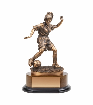 11 INCH ELECTROPLATED ANTIQUE BRONZE SOCCER FEMALE FIGURE TROPHY