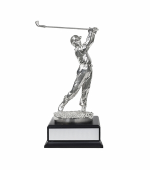 11 INCH ELECTROPLATED BRIGHT SILVER FIGURE GOLF TROPHY