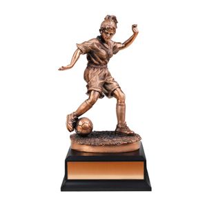 11 INCH ELECTROPLATED BRONZE FEMALE FIGURE SOCCER TROPHY
