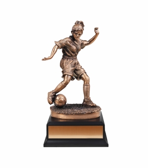11 INCH ELECTROPLATED BRONZE FEMALE FIGURE SOCCER TROPHY