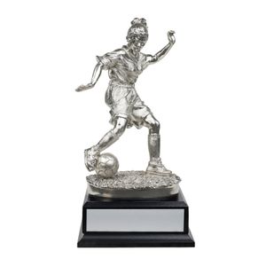 11 INCH ELECTROPLATED SILVER FEMALE FIGURE SOCCER TROPHY