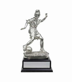 11 INCH ELECTROPLATED SILVER FEMALE FIGURE SOCCER TROPHY