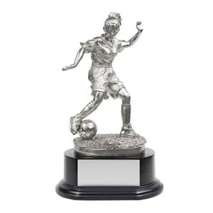 11 INCH ELECTROPLATED SILVER SOCCER FEMALE FIGURE TROPHY