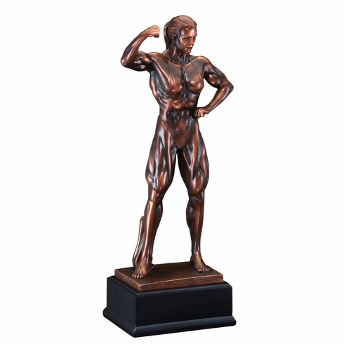 11 INCH FEMALE BODY BUILDER ANTIQUE BRONZE ELECTROPLATED TROPHY
