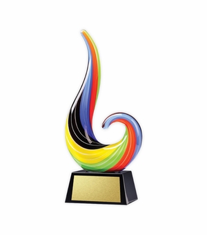 11 INCH HAND BLOWN SCULPTURED COLORED FLAME GLASS TROPHY ON BLACK BASE WITH GOLD ENGRAVING PLATE