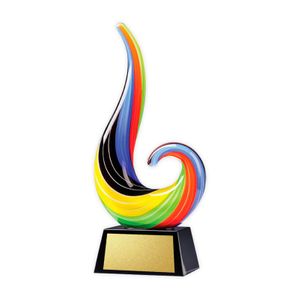 11 INCH HAND BLOWN SCULPTURED COLORED FLAME GLASS TROPHY ON BLACK BASE WITH GOLD ENGRAVING PLATE