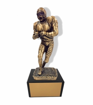 11 INCH HEIGHT ELECTROPLATED ANTIQUE BRASS FOOTBALL PLAYER TROPHY ON BLACK MARBLE BASE