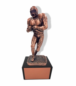 11 INCH HEIGHT ELECTROPLATED ANTIQUE BRONZE FOOTBALL PLAYER TROPHY ON BLACK MARBLE BASE