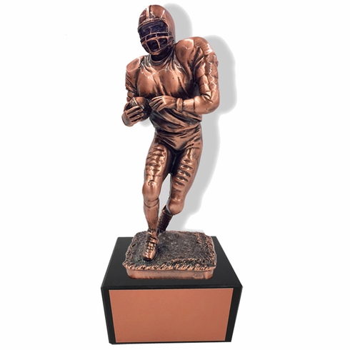 11 INCH HEIGHT ELECTROPLATED ANTIQUE BRONZE FOOTBALL PLAYER TROPHY ON BLACK MARBLE BASE