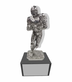 11 INCH HEIGHT ELECTROPLATED ANTIQUE SILVER FOOTBALL PLAYER TROPHY ON BLACK MARBLE BASE